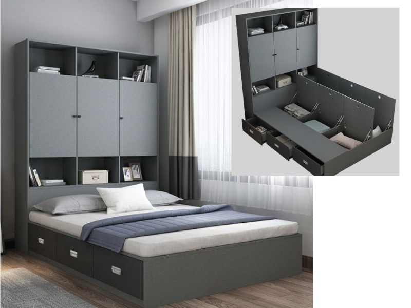 Modern Grey Storage Bed with Tall Unit, $788
