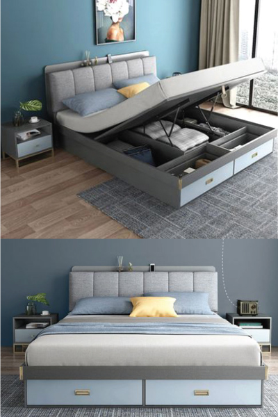 Scandinavian Storage Bed with Integrated USB Charger Port (matching bedside tables available), $439